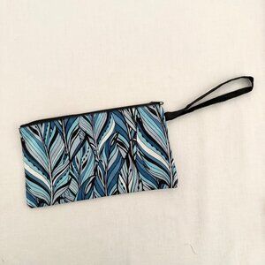 Blue Leaf Print Wristlet Zipper Pouch Small Bag Linied Cosmetics Pencil Bag